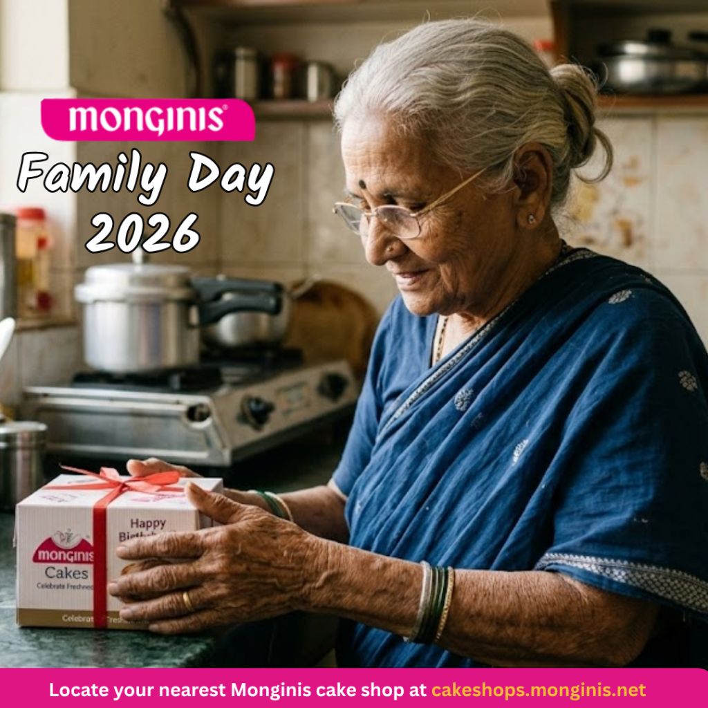 Elderly Indian woman holding a Monginis birthday cake box at home on Monginis Family Day June 1st