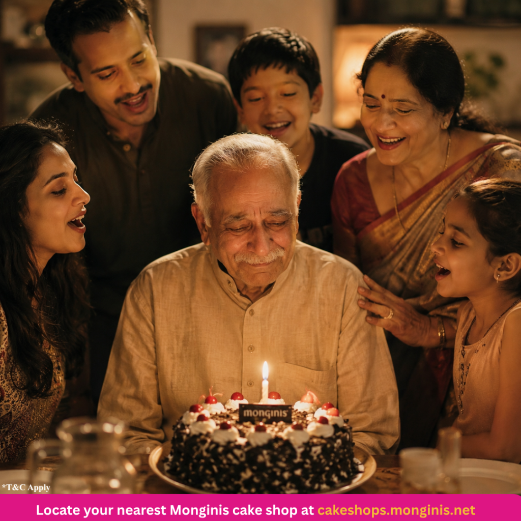 Elderly Indian grandfather emotional as family sings Happy Birthday on Monginis Family Day