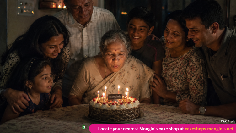 Elderly Indian grandmother smiling with surprise as family celebrates her birthday with a Monginis cake on Family Day