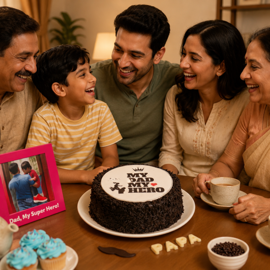 Family celebrating Father's Day with Monginis cake at home