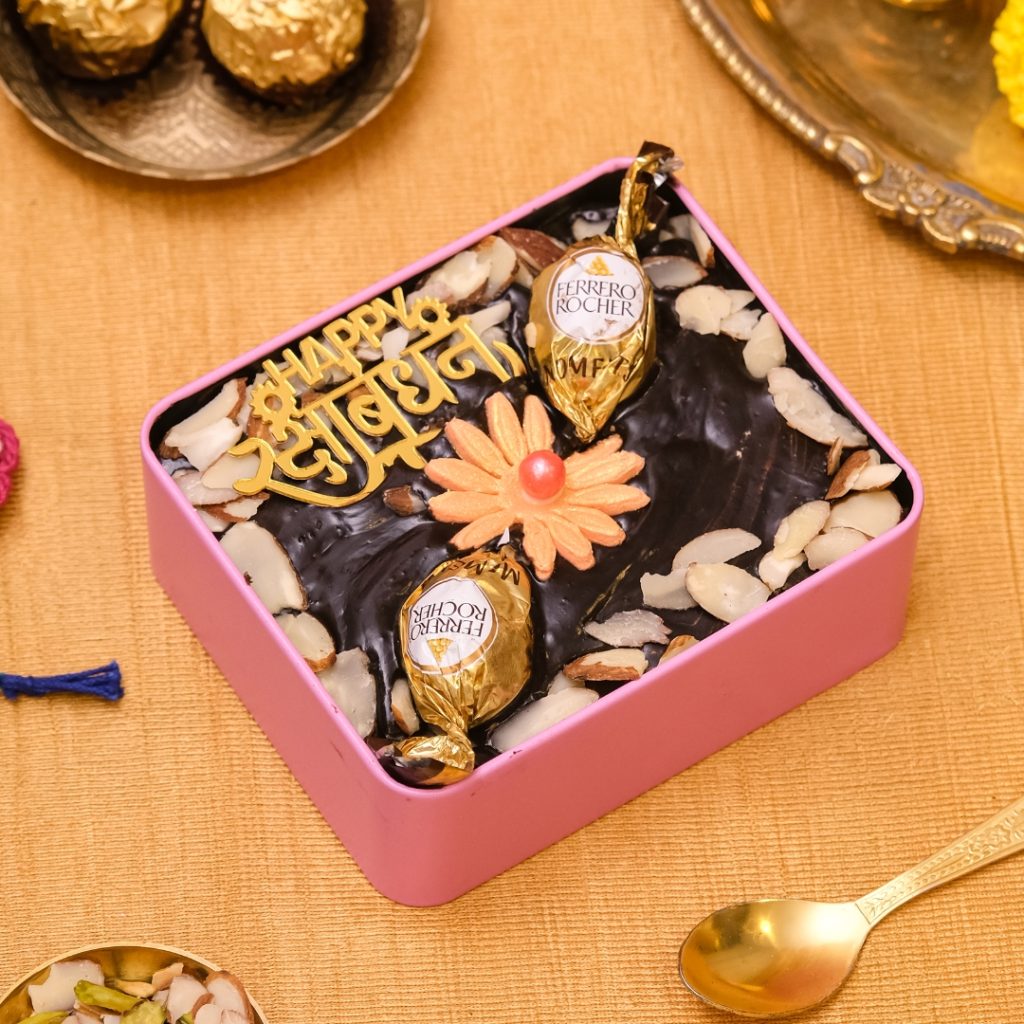 Rakhi Royale Cake, a Ferrero Rocher cake for Rakhi with hazelnut mousse and almond flakes