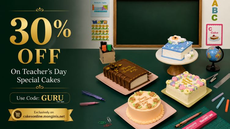 Monginis Teachers Day cake collection featuring book-shaped and greeting card designs
