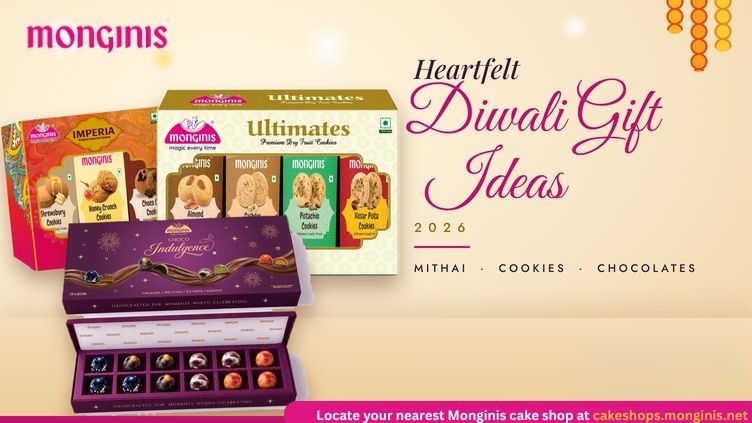 Diwali gift ideas 2026 from Monginis: festive box of mithai, cookies and chocolates beside lit diyas